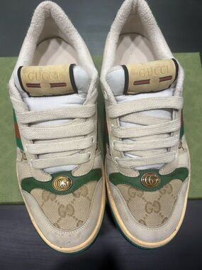Gucci Beige, Green & Gold GG Canvas Sneakers